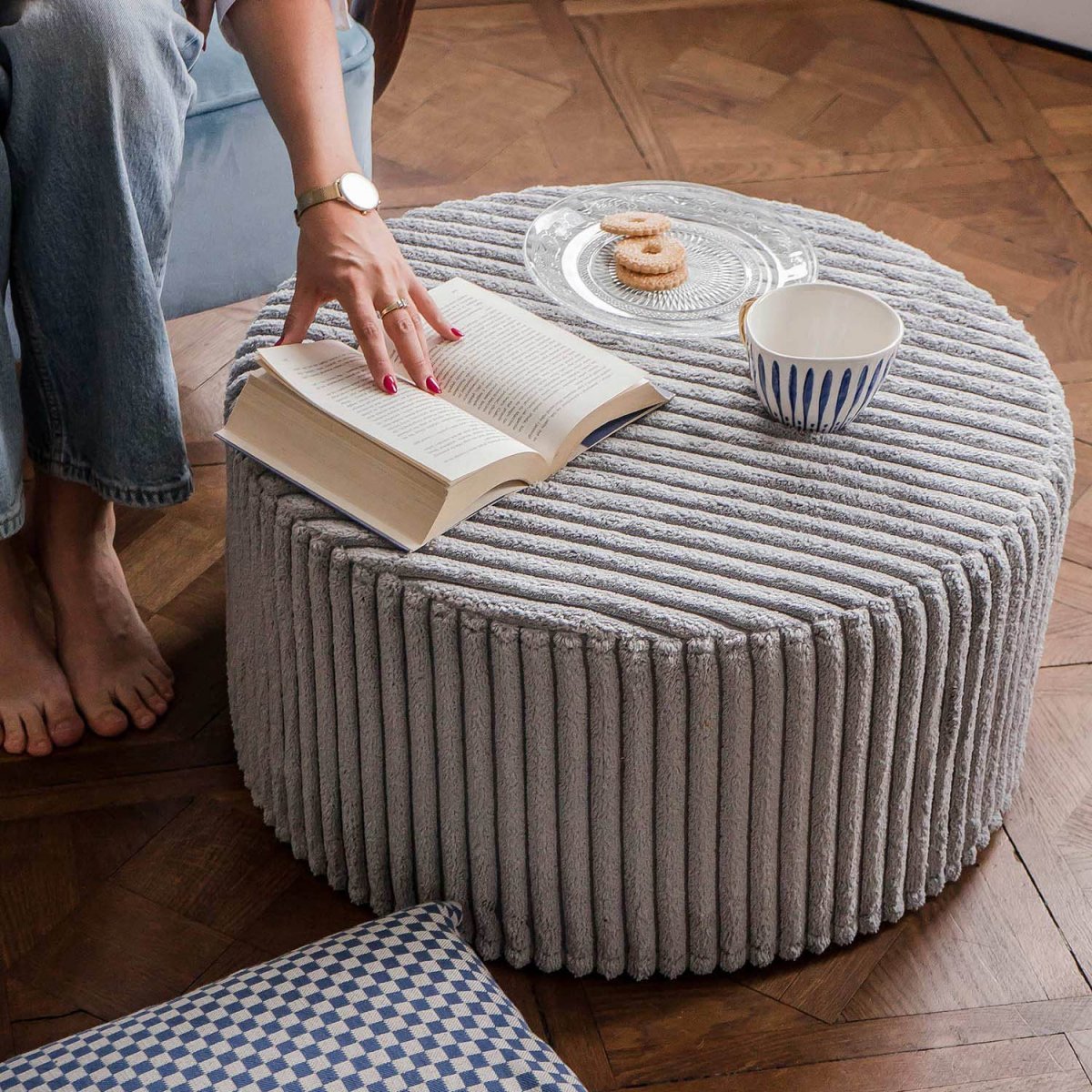 Large Round Grey Pouffe CORD 60x30