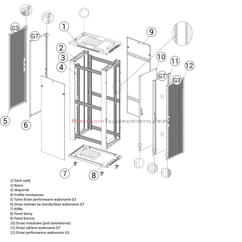 TOTEN Szafa RACK 19&quot; stojąca G7 42U 800x800mm, drzwi blacha/szkło szara