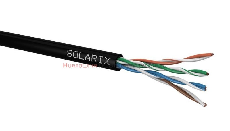 SOLARIX kabel U/UTP, drut, zewnętrzny suchy, czarny, kat.5e - 305m