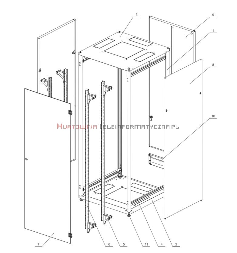SOLARIX Szafa RACK 19" stojąca 42U 600x600 drzwi szklane, zamek 1-punktowy, tył pełny, boki zdejmowane, szara