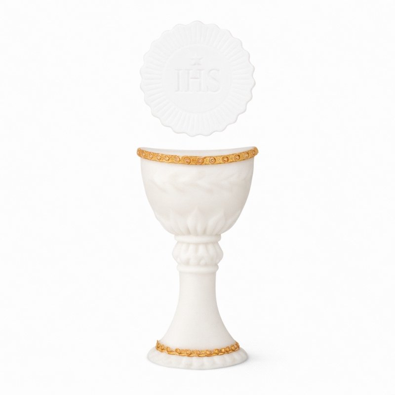  Cukrowa dekoracja na tort komunijny BIAŁY POZŁACANY KIELICH z HOSTIĄ 1szt