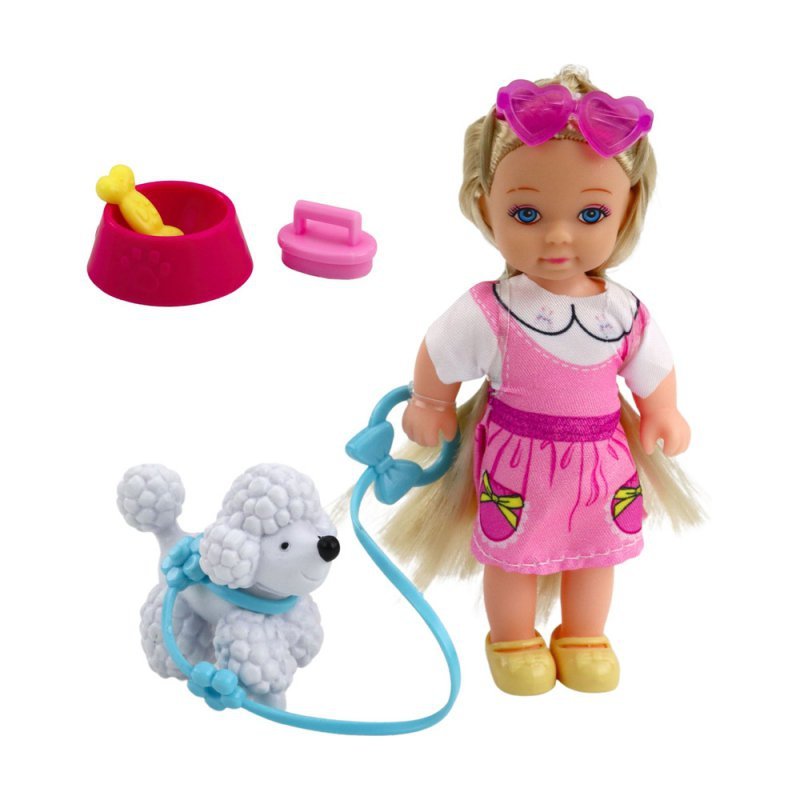 Zestaw Mini Laleczka Z Pieskiem Na Smyczy Miska Z Kością