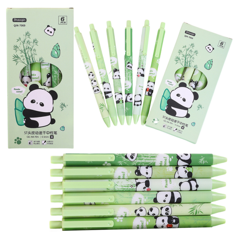Zestaw Długopisów Panda Bambus Zielone Czarny Tusz 0,5mm 6szt