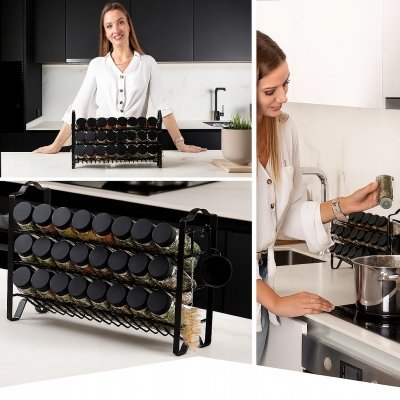 Czarny stojak organizer metalowy na przyprawy szklane słoiczki w zestawie naklejki i lejek