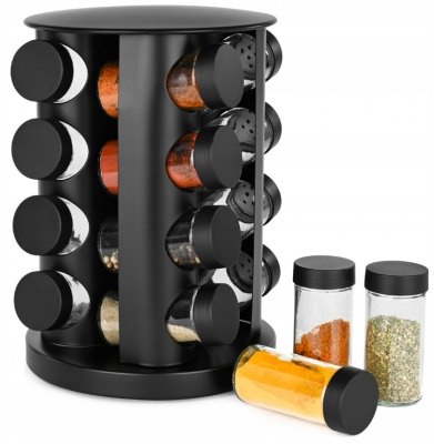 Czarny organizer na przyprawy stojak słoiczki szklane w zestawie naklejki i lejek