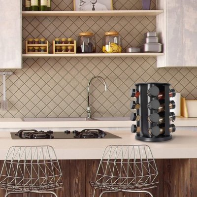 Czarny organizer na przyprawy stojak słoiczki szklane w zestawie naklejki i lejek