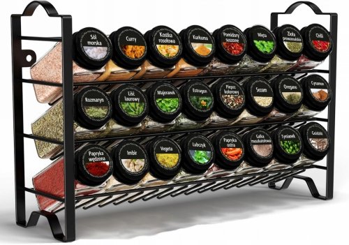 Czarny stojak organizer metalowy na przyprawy szklane słoiczki w zestawie naklejki i lejek
