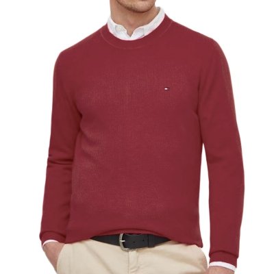 Sweter męski Tommy Hilfiger bordowy z okrągłym dekoldem bawełniany