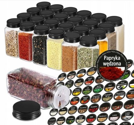 Szklane słoiczki 24 sztuki pojemniki na przyprawy w zestawie naklejki i lejek