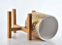 Doniczka ceramiczna - Drewniany stojak na kwiaty - Złoto 