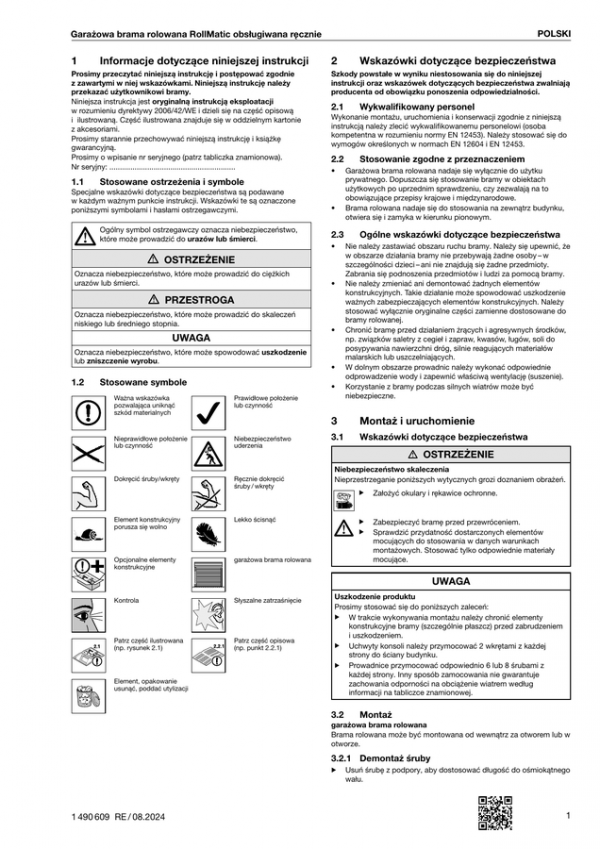 Instrukcja montażu, eksploatacji i konserwacji - Garażowa brama rolowana RollMatic obsługiwana ręcznie