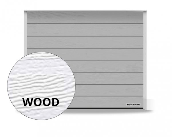 Brama RenoMatic 5000 x 2500 mm, Przetłoczenia M, Woodgrain, kolor RAL 9006 białe aluminium + prowadzenie N