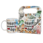Kubek ceramiczny w ozdobnym opakowaniu z napisem Pieniądze szczęścia nie dają