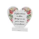Drewniana tabliczka serce z podstawką wzbogacona lakierem UV z napisem Wykształcenie to dobro...