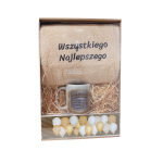 Zestaw urodzinowy z białym ręcznikiem i kubkiem w ozdobnym opakowaniu Wszystkiego najlepszego