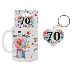 Kubek ceramiczny z napisem W Dniu Urodzin + breloczek dwustronny na blisterku 70 lat