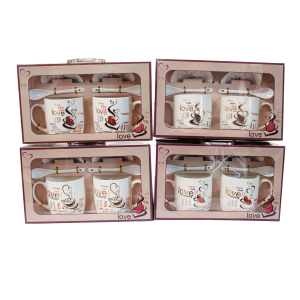 Kpl 2 kubków ceramicznych ze spodkami i łyżeczkami LOVE , mix wzorów. 2X 300 m