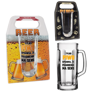 Kufel do piwa z napisem Tylko Piwo sprawia że pragnienie ma sens w ozdobnym opakowaniu . 500 ml