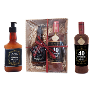 Zestaw prezentowy 40 URODZINY ręcznik w kształcie butelki i mydło w płynie 