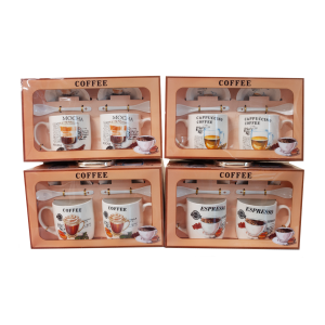 Kpl 2 kubków ceramicznych ze spodkami i łyżeczkami  , mix wzorów. 2X 300 m