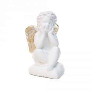 Aniołek gipsowy Gucio, złote skrzydła , h 13 cm