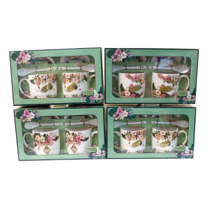 Kpl 2 kubków ceramicznych ze spodkami i łyżeczkami LOVE , mix wzorów. 2X 300 m