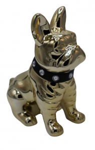 SKARBONKA CERAMICZNA BULDOG ZŁOTY Z CZARNĄ OBROŻĄ Z CEKINAMI 17,5x12x23,5 cm