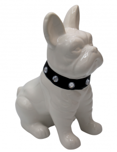 SKARBONKA CERAMICZNA BULDOG BIAŁY Z CZARNĄ OBROŻĄ Z CEKINAMI 17,5x12x23,5 cm