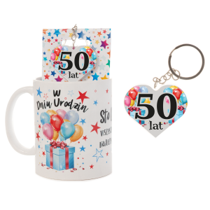 Kubek ceramiczny z napisem W Dniu Urodzin + breloczek dwustronny na blisterku 50 lat