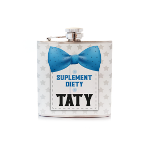 Piersiówka ze stali nierdzewnej z napisem Suplement diety Taty . Pojemność 180 ml