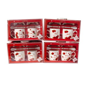 Kpl 2 kubków ceramicznych ze spodkami i łyżeczkami LOVE , mix wzorów. 2X 300 ml