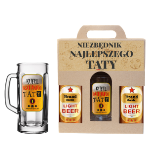 Zestaw prezentowy NIEZBĘDNIK  TATY.Dedykowany kufel do piwa 0,5 L z nosidłem na 2 butelki   Kufel Kochanego Taty