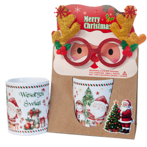 Zestaw świąteczny kubek ceramiczny i okulary ozdobne w opakowaniu eco 'Wesołych  Świat . 330 ml
