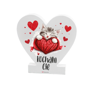 Drewniana tabliczka serce z podstawką wzbogacona lakierem UV z napisem Kocham Cię - kotek.  14.8x15x1,5 cm