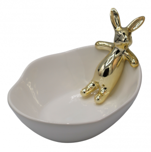MISECZKA CERAMICZNA BIAŁA ZE ZŁOTYM KRÓLIKIEM LEŻĄCYM 23,1x16x11,6 cm