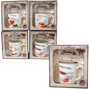 Kubek ceramiczny z łyżeczką i spodkiem w ozdobnym opakowaniu . CAFFEE.Mix wzorów. 300 ml