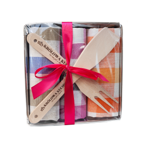 Zestaw kuchenny dla Królowej Babci - blacha do pieczenia - 3 ściereczki - naleśnikówka - widelec