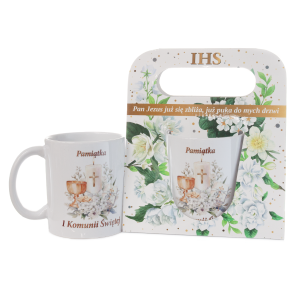 Kubek ceramiczny z napisem Pamiątka I Komunii Świętej w ozdobnym opakowaniu