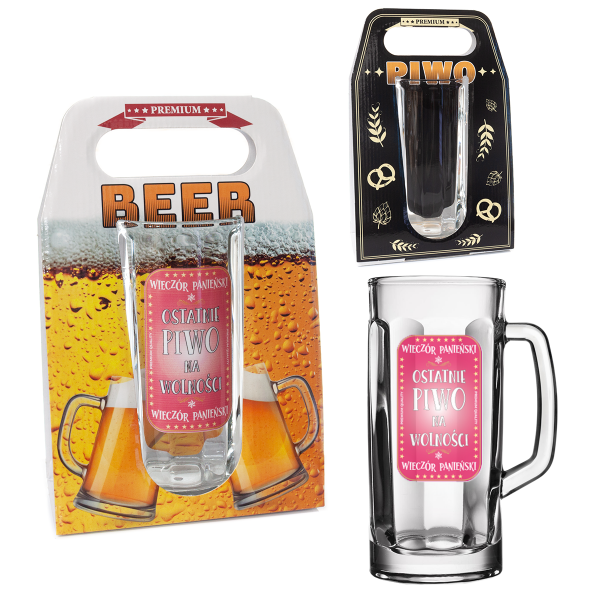 Kufel do piwa z napisem "Wieczór Panieński" w ozdobnym opakowaniu. 500 ml