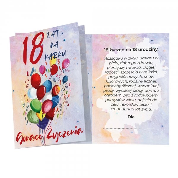 Duży karnet "18 lat na karku" - 18 życzeń na 18 urodziny