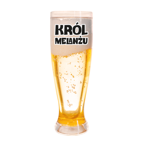 Art. dekoracyjny plastikowa szklanka do piwa z podwójnymi ściankami z brokatem  i napisem " Król melanżu ". Wysokość 24 cm