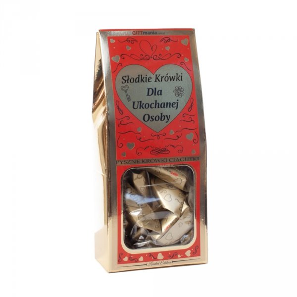 Pyszne krówki ciągutki w złotym opakowaniu z napisem "Dla ukochanej osoby"
