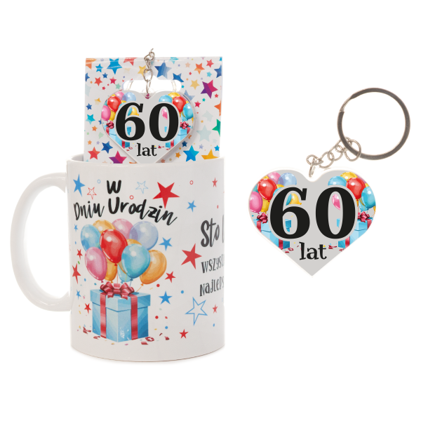 Kubek ceramiczny z napisem &quot;W Dniu Urodzin&quot; + breloczek dwustronny na blisterku 60 lat