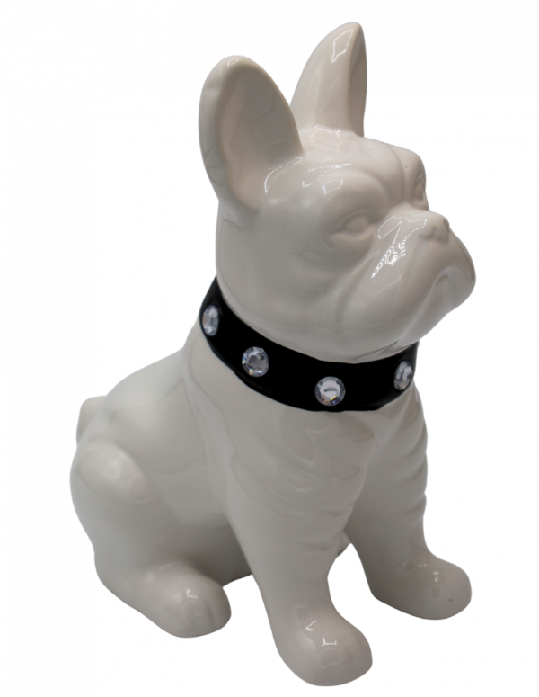 SKARBONKA CERAMICZNA BULDOG BIAŁY Z CZARNĄ OBROŻĄ Z CEKINAMI 17,5x12x23,5 cm