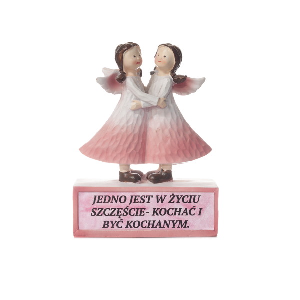 Figurka aniołki z tekstem na postumencie &quot;Jedno jest w życiu szczęście KOCHAĆ i BYĆ KOCHANYM&quot;. 11x4.8x14.7 cm