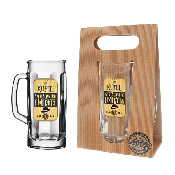 Kufel do piwa w ozdobnym opakowaniu eco z napisem "Kufel Szczęśliwego Emeryta". 650 ml