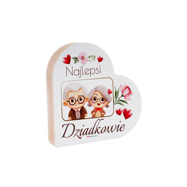 Drewniana tabliczka serce z podstawką wzbogacona lakierem UV z napisem  &quot;Najlepsi Dziadkowie&quot; 12x12x2.5 cm
