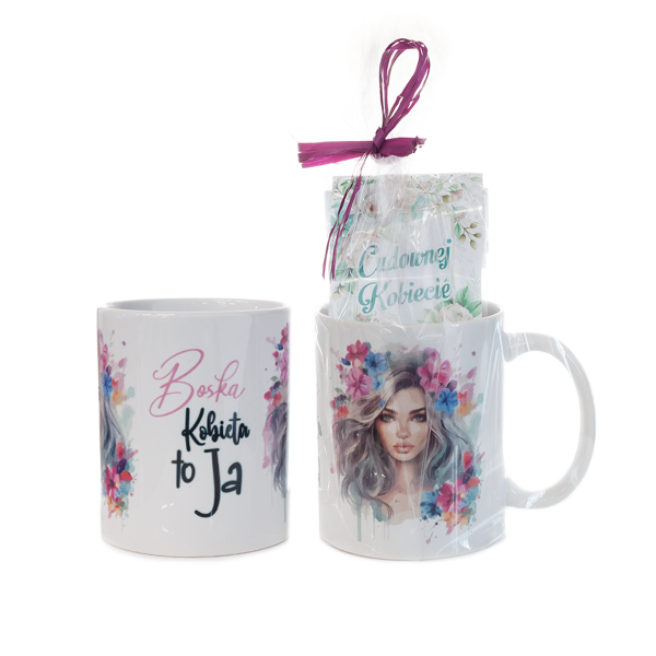 Kubek ceramiczny z napisem "Boska  Kobieta to Ja" z herbatką owocową. poj kubka 250 ml, 40 g herbatka