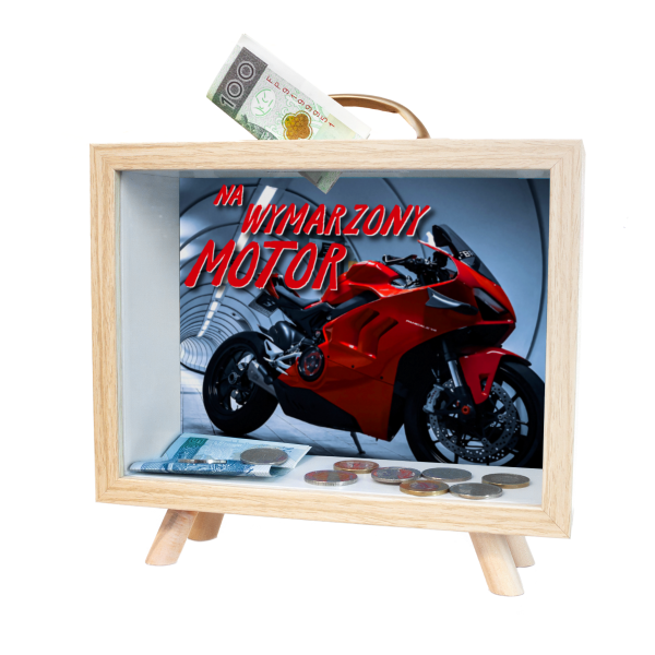 Skarbonka MDF z uchwytem  &quot;Na wymarzony motor&quot;
